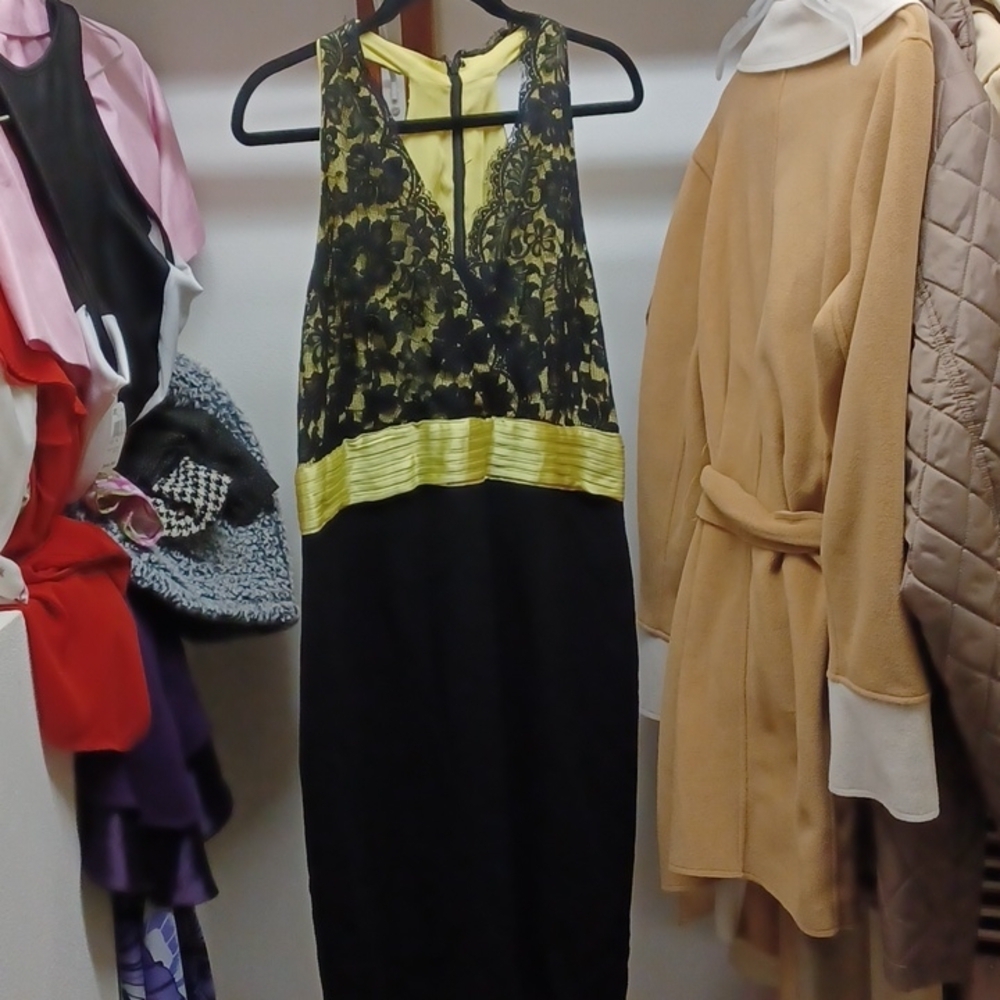 Donna Morgan Vtg Racer-back Little Black Dress, lace crossover front, lime green